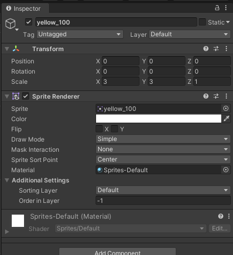Transform values for background sprite in the Inspector.